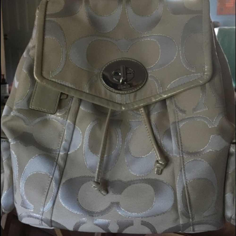 Gray & Tan monogrammed Coach Backpack